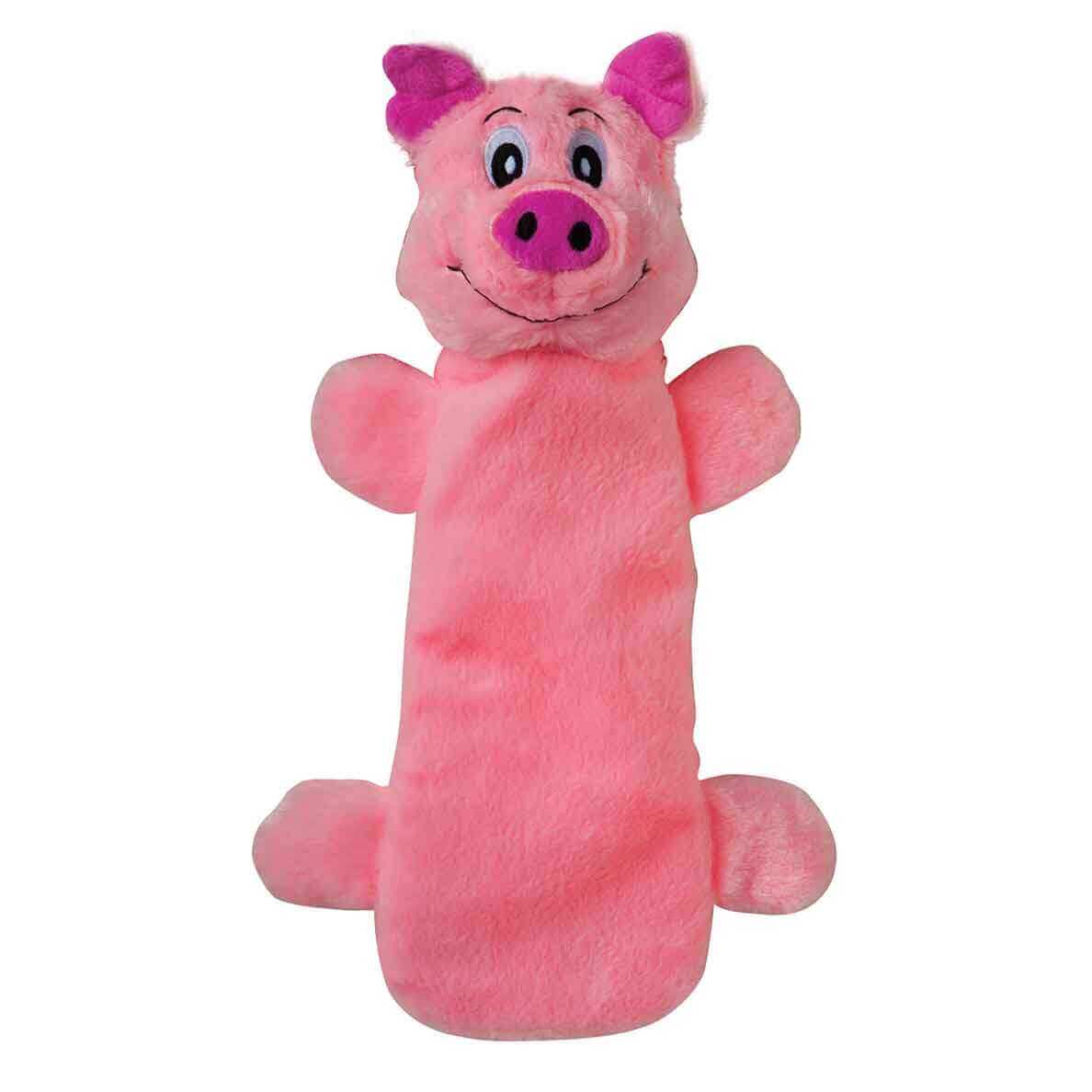 Pink pig bottle shaped plush dog toy with little arms and legs poking out the sides